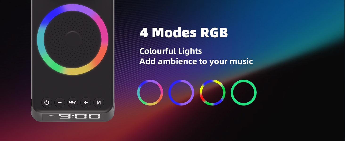 Text reads '4 Modes RGB'. Digital interface showing circular RGB color modes with multiple illuminated ring patterns.