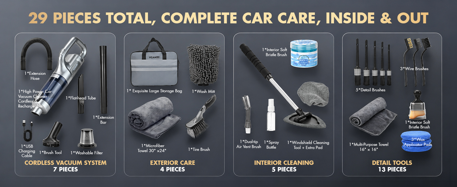 29 PIECES TOTAL,COMPLETE CAR CARE, INSIDE &amp;amp;OUT