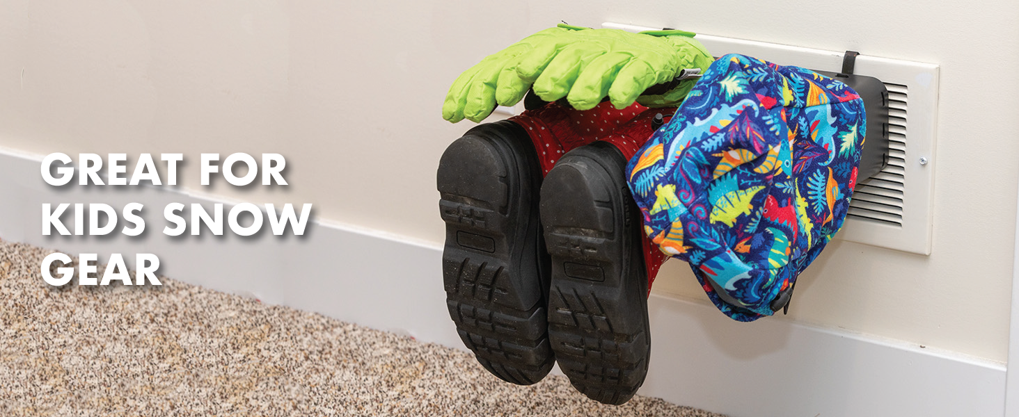A child's hat, gloves, and boots drying on the dryer. Text reads "Great for kids snow gear"