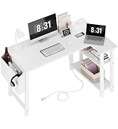 Lufeiya White L Shaped Computer Desk with Power Outlet Shelves, 40 Inch Small Corner Desk for Sma...