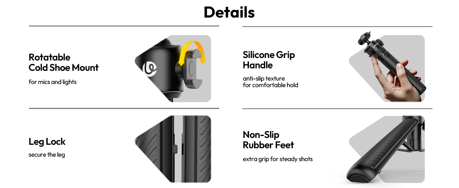 Product details showing features: Cold Shoe Mount, Handle, Leg Lock, Silicone Grip, and Non-Slip Rubber Feet. Multiple angles of a black mounting accessory with technical specifications.