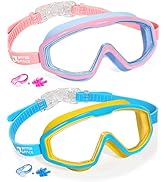 Water Space 2 Pack Swimming Goggles for Kids Boys Girls 3-15, Wide Vision Anti-fog UV protection ...