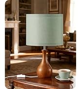 GOEBLESON Small Table Lamp, 14.2" Cute Little Desk Lamp, Wood Bedside Lamp with Green Linen Lamps...