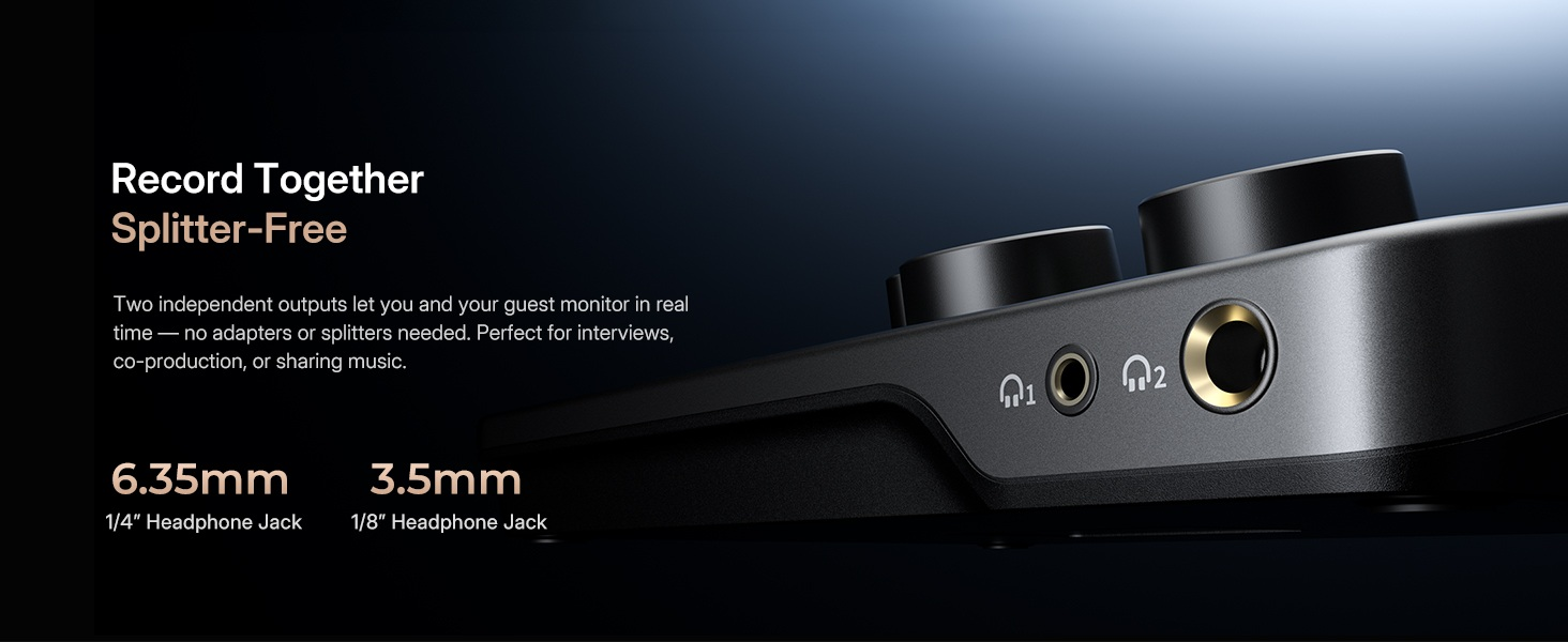 Maono P2 audio interface dual independent headphone outputs 6.35mm and 3.5mm jack