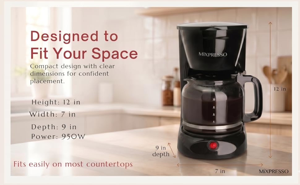 Compact Mixpresso coffee maker with dimensions, fits most countertops