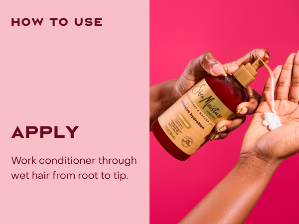 Image of a hand pumping a conditioner bottle into hand, next to applying instructions.
