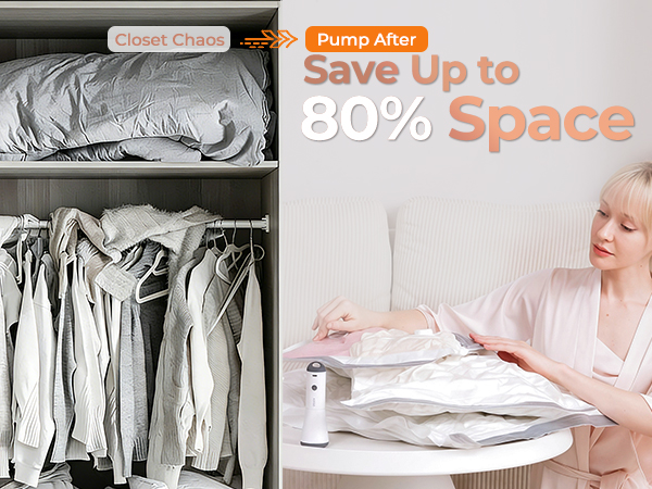 Text reads: 'Save Up to 80% Space', 'Pump After', 'About China'. Demonstration of vacuum storage bags for clothing, showing before and after compression states.