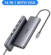 14-in-1 USB-C hub with VGA port. Dark gray metallic device with multiple ports and a cable.