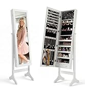 Antok Full Length Jewelry Cabinet with Mirror &amp; Large Storage - 61" Standing Lockable Armoire Org...