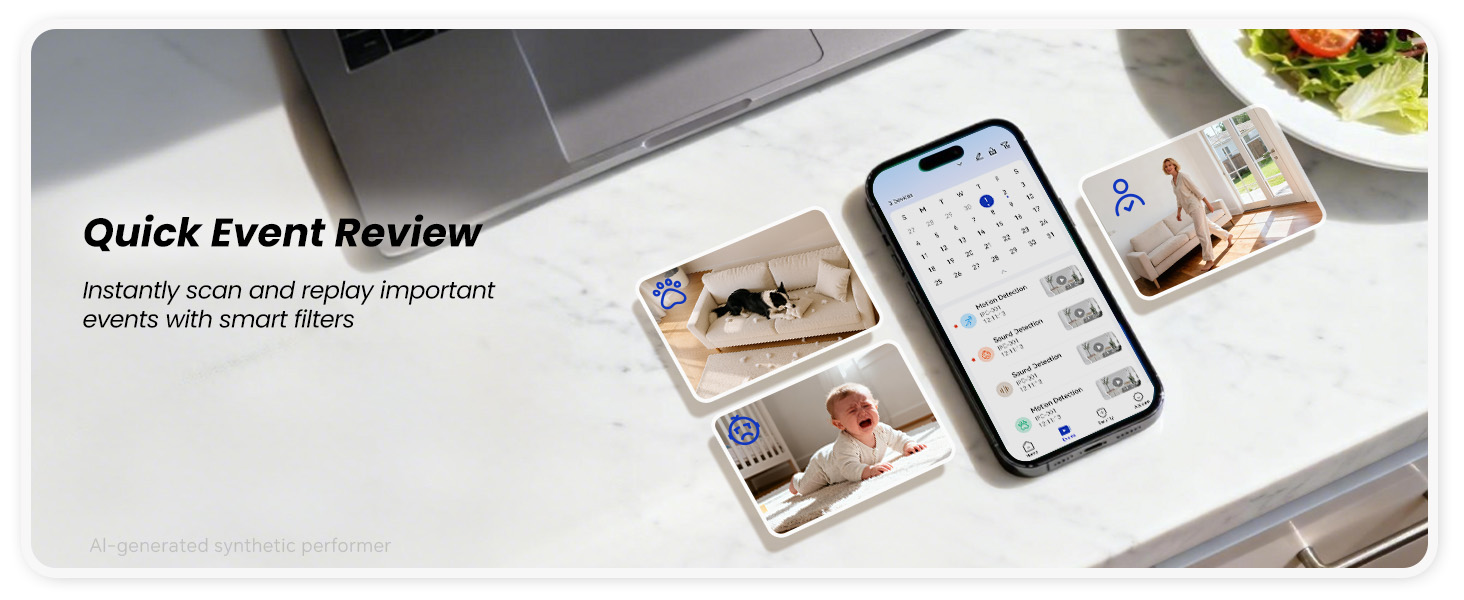 Phone displays veise camera app showing a June calendar with motion and detection of a cat, baby