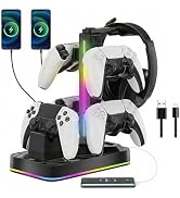 JDGPOKOO PS5 Controller Charger with Headphone Stand, RGB PS5 Controller Charging Station Dock wi...