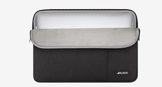 Black and gray laptop sleeve with a padded interior and zipper closure. Features a slim design for protecting electronic devices.