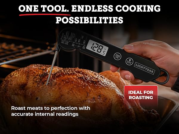 thermometer being used across multiple cooking methods including roasting, grilling and BBQ