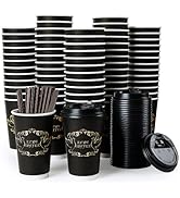 16oz Disposable Coffee Cups with Lids , 80 Pcs Hot Paper Cups with Lids and Stirrers, Black Gold ...