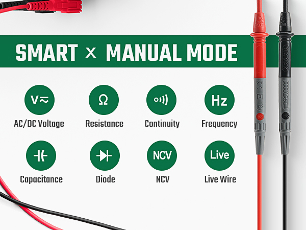 Smart x Manual Mode: Voltage, Resistance, Continuity, Frequency, Capacitance, Diode, NCV, Live Wire