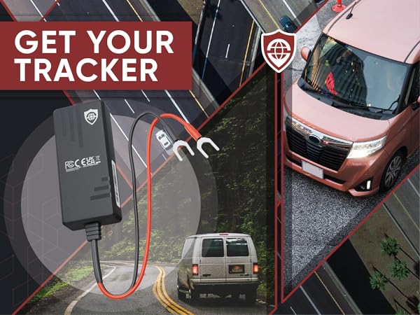 Vehicle tracker advertisement showing device connected to car. Multiple panels display tracker, vehicles, and 'GET YOUR TRACKER' text.