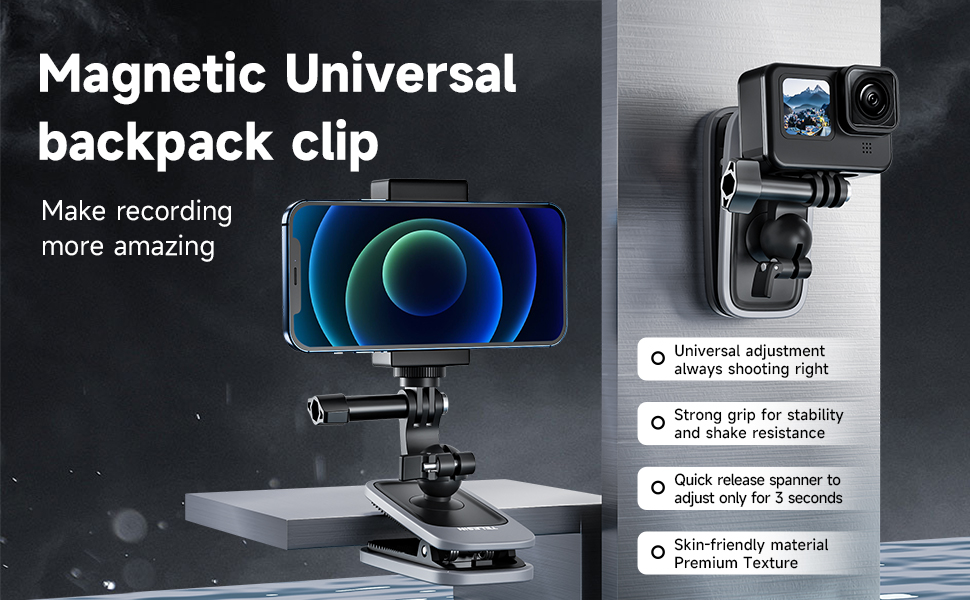 TELESIN Magnetic Mount Backpack Clip with Phone Holder