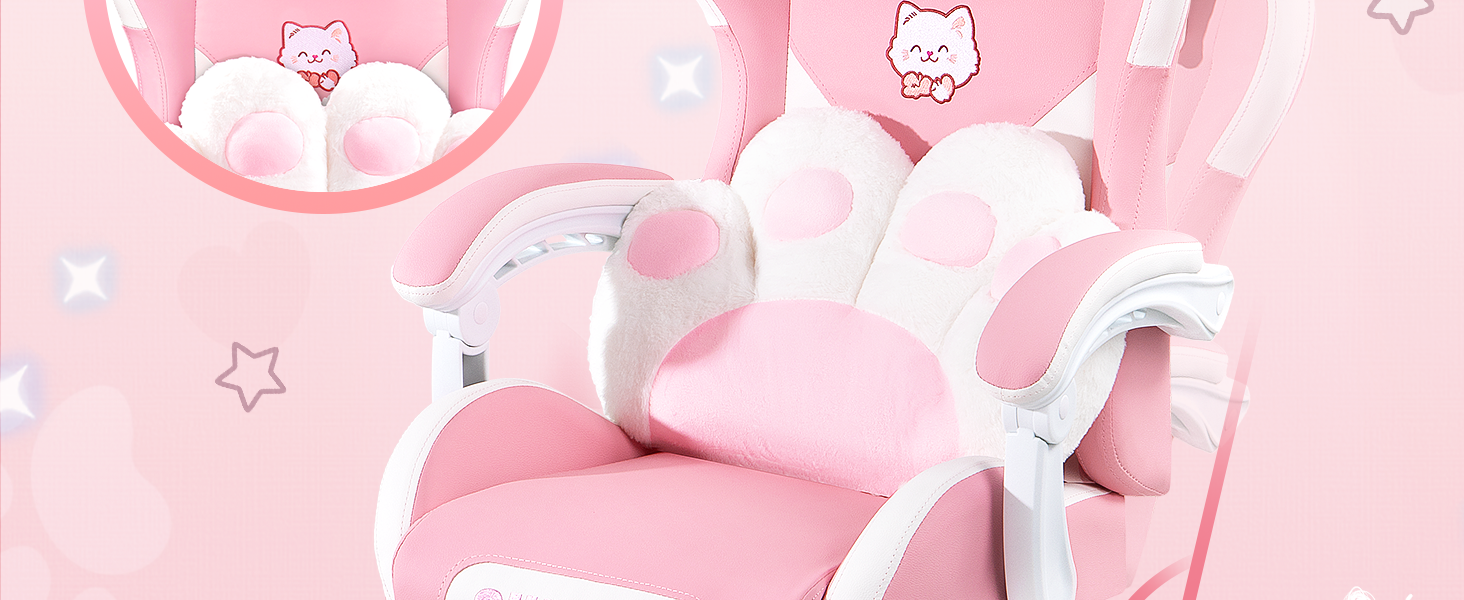 Gaming Chair with Cat Ears and Cat Paw Lumbar Cushion, Cute Ergonomic Gaming Computer Desk Chair