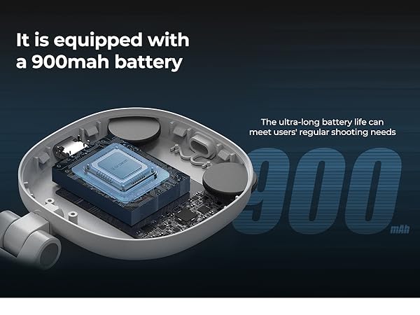 Text reads 'It is equipped with a 900mah battery'. Dark technical product image showing battery or power component with blue lighting effect.