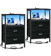 Furologee Nightstands Set of 2, End Tables with Charging Station and LED Lights, Black Night Stan...