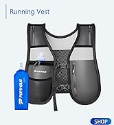 Black and gray running vest with mesh panels, front zipper, multiple pockets, and adjustable straps. Includes a blue water bottle labeled 'Portholic'.