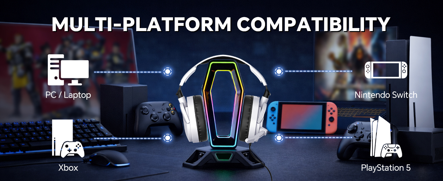 Text reads: 'MULTI-PLATFORM COMPATIBILITY'. Gaming headset displayed with icons for PC/Laptop, Xbox, Nintendo Switch, and PlayStation 5, showing cross-platform connectivity.