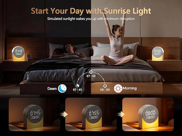 Text reads 'Start Your Day with Sunrise Light'. Shows bedroom scene with wake-up light demonstration, featuring three stages of gradual brightness increase.