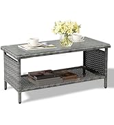 VINGLI Outdoor Wicker CoffeeTable Patio Coffee Tables for Outside, Tempered Glass Top Wicker Tabl...