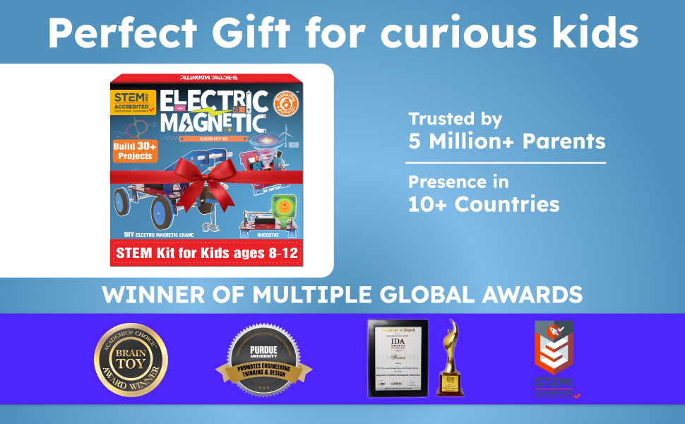 Electric Magnetic STEM kit for kids ages 8-12. Box shows buildable projects. Image highlights multiple awards won and claims trust by 5 million+ parents in 10+ countries.