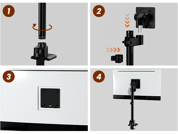 Four-panel instruction diagram showing step-by-step mounting process for wall bracket installation with directional arrows.