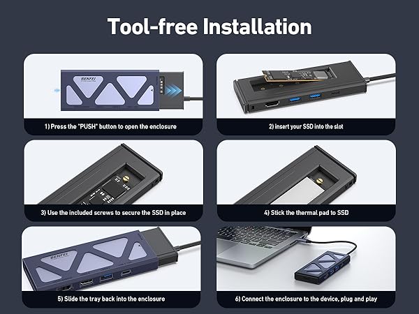 Text reads 'Tool-free Installation'. Step-by-step installation guide showing assembly process of electronic device with mounting brackets and connections.