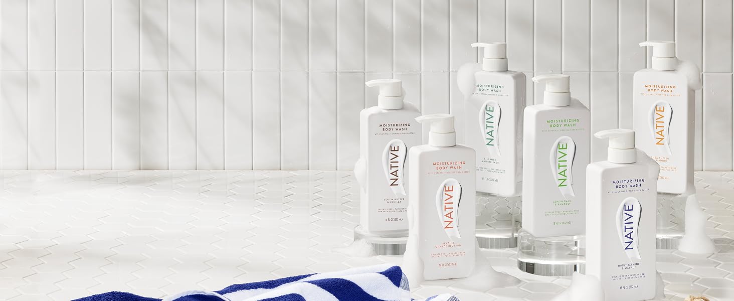 Native Moisturizing Body Wash collection with multiple fragrances and rich cleansing lather