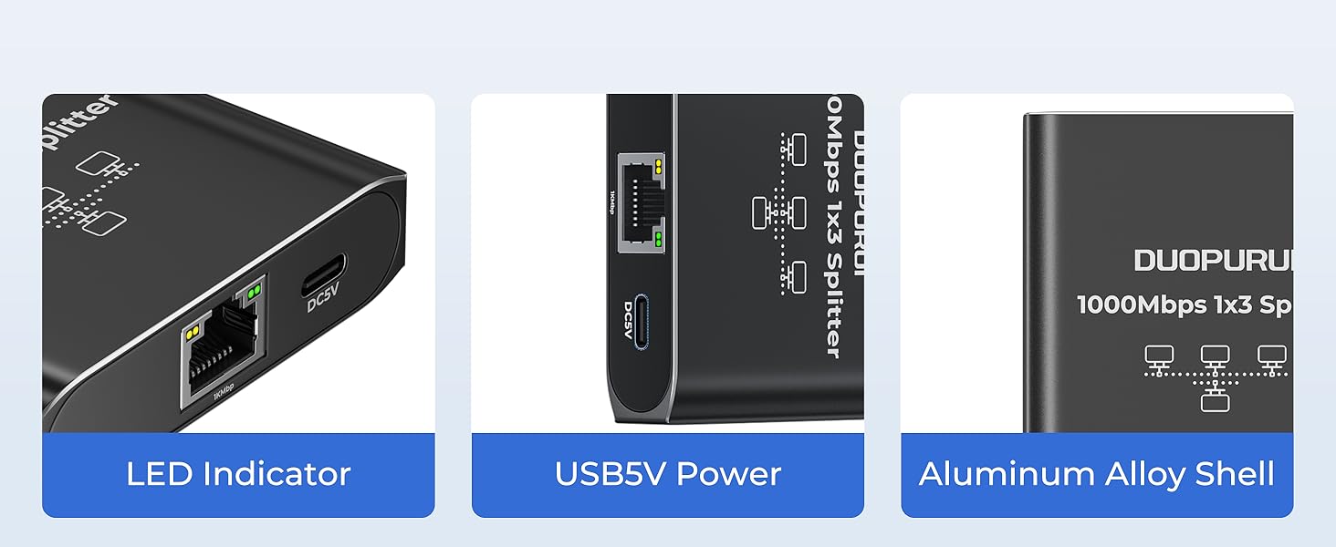 3 port ethernet switch Aluminum alloy shell, LED Indicator, USB5V Power