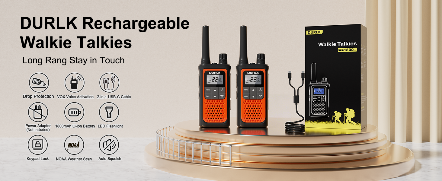 DURLK 2 pack walkie talkies long range in orange orange with adapter cables and box