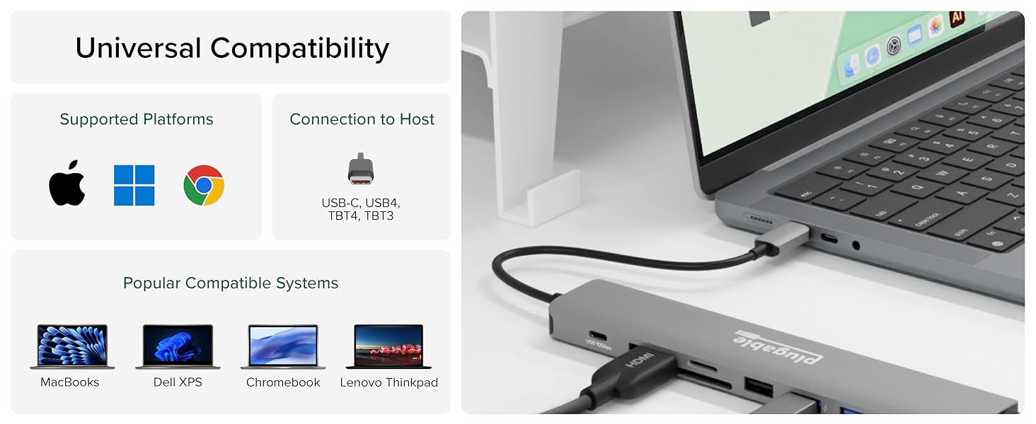 Docking station connects to laptop, showing universal compatibility icons