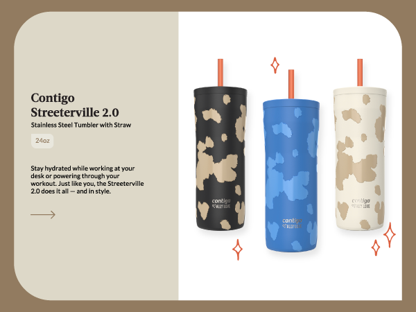 streeterville stainless steel tumbler straw black blue tan beige hydrate workout workday stylish