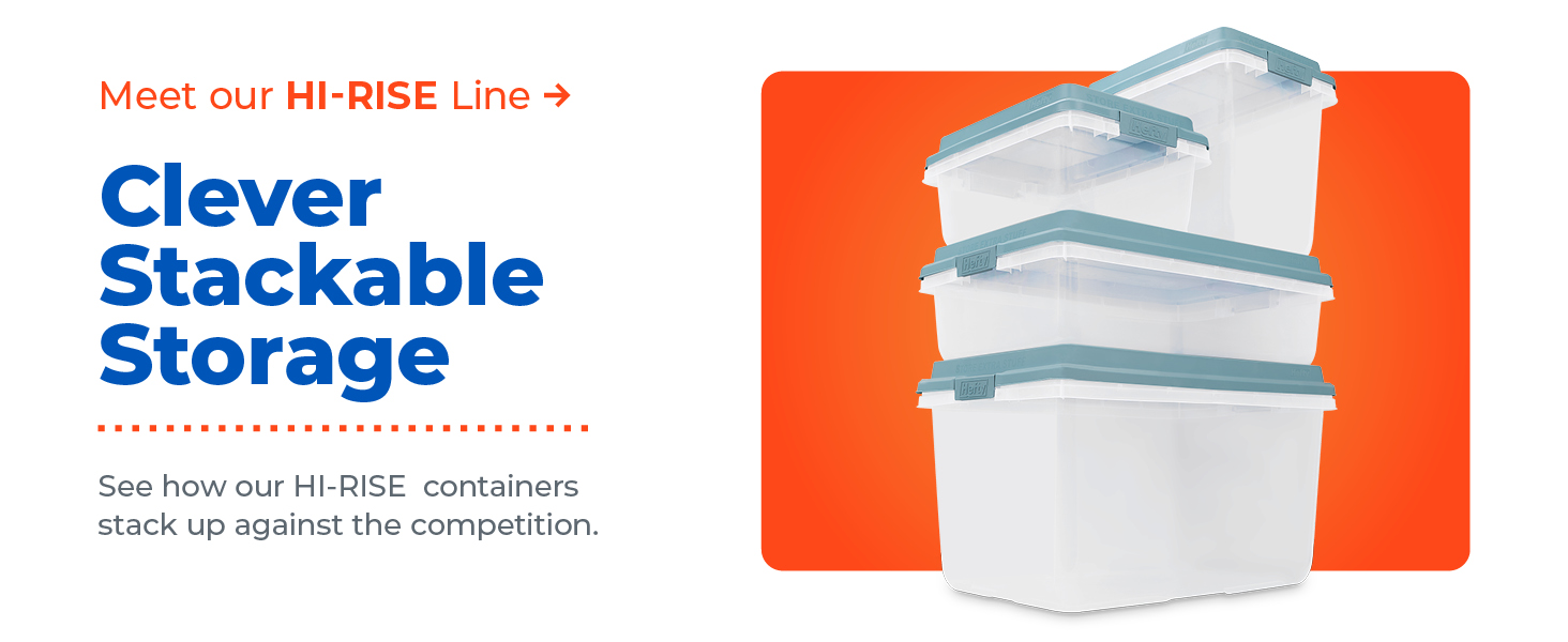 Stackable Hefty Hi-Rise storage containers for organized storage