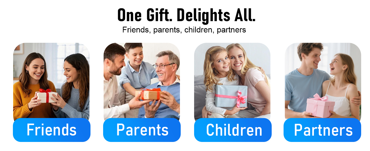 Text reads 'One Gift. Delights ALL.' with categories 'Friends, Parents, Children, Partners' labeled beneath lifestyle images showing gift-giving moments.