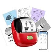 Red thermal printer device shown with smartphone app interface and multiple printed cards displaying drawings and text. Product demonstrates printing capabilities with various design samples.
