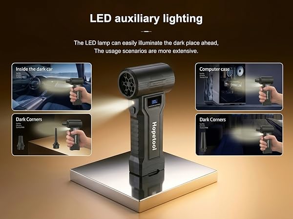 Text reads: 'LED auxiliary lighting'. Central tilting LED work light with four surrounding product demonstration photos showing application in automotive repair and detail work environments.