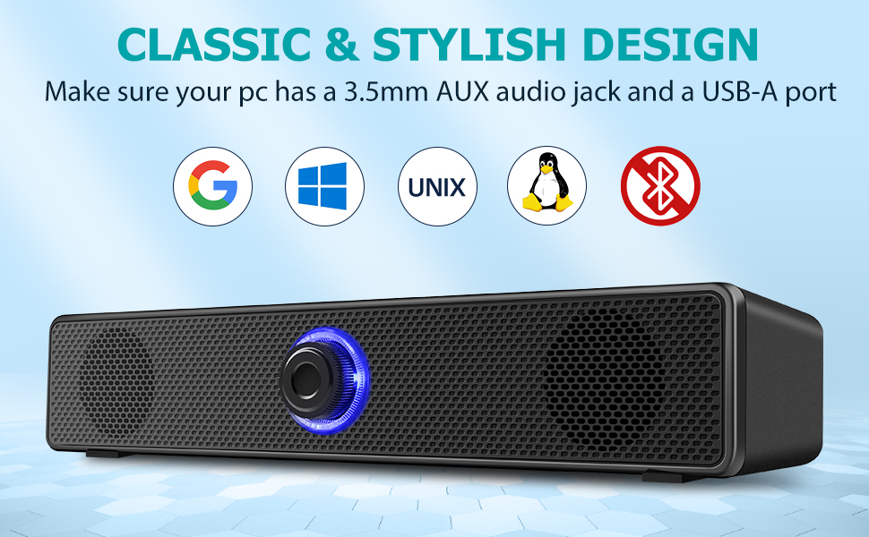 Computer Speakers, USB-A Powered PC Speakers Wired Stereo Desktop Speakers with 3.5mm AUX Audio Plug