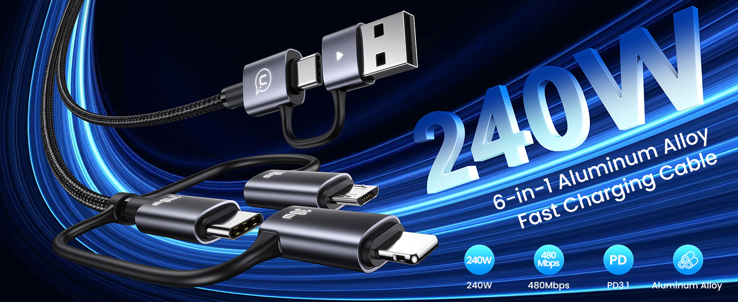 USAMS 240W USB/Type-C Multi Charging Cable 6-in-1 Fast Sync Charging Cable