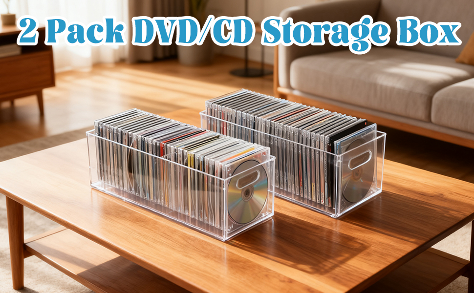 2-Pack Acrylic DVD/CD Storage Box, Clear DVD Holder Case with Handles, Stackable Storage Container