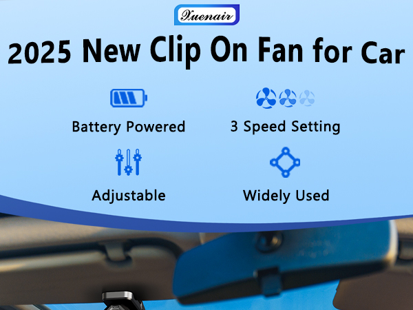 xuenair Battery Powered Clip On Fan for Car Visor Back Seat Roof Handles