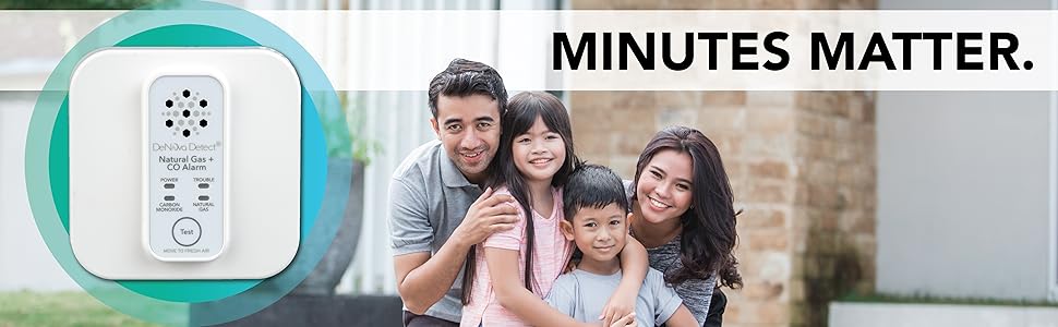 Image of a Natural Gas Alarm and a family standing in front of a house