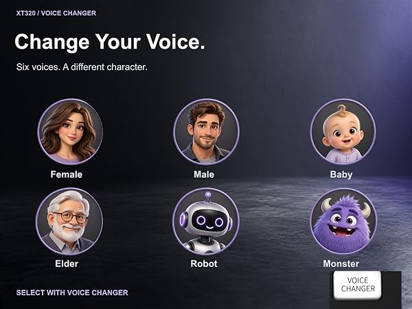 XT320 voice effects: Female, Male, Baby, Elder, Robot and Monster.