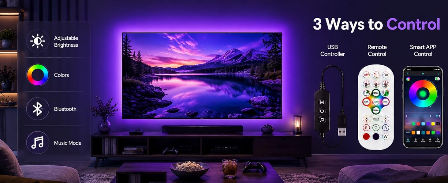 Control your TV lights 3 ways. Custom colors, music sync, and easy app/remote use.