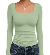 Trendy Queen Womens Long Sleeve Shirts Crop Tops Fall Fashion 2025 Square Neck Going Out Basics T...