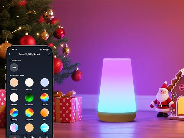 Color-changing LED mood lamp with dome shape shown in multiple states, displaying various colors against a holiday-themed background with ornaments.