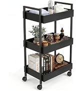 WOPITUES 3-Tier Wooden Rolling Utility Cart with Metal Handle, Mobile Organizer Trolley with 4 Lo...